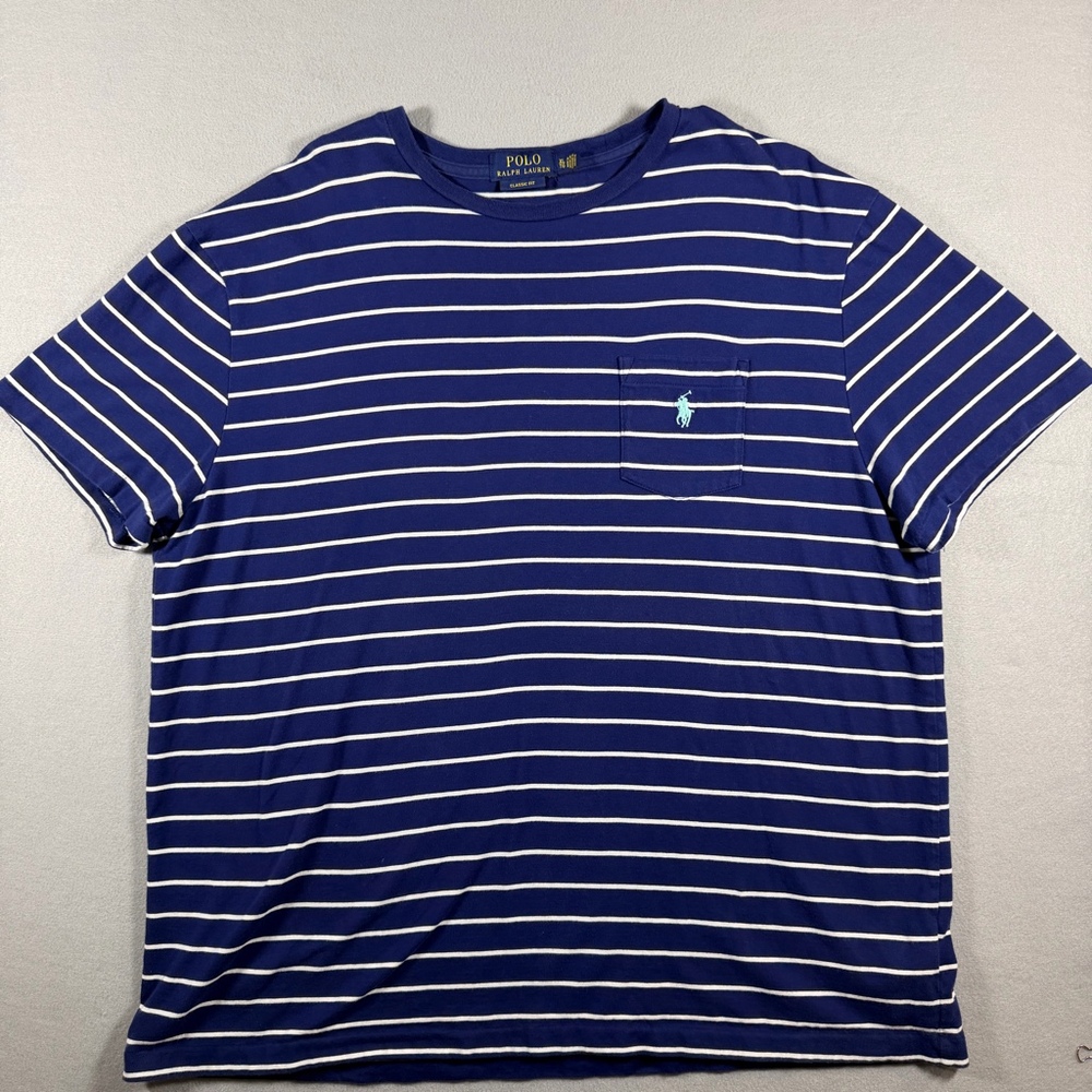 Polo Ralph Lauren Classic Fit Striped Pocket T-Shirt Navy White Mens XL